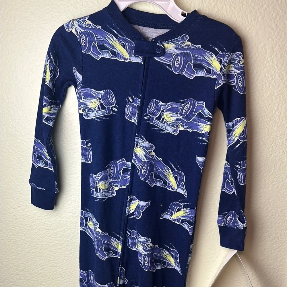 Brand New Carter’s Navy Blue Race Car Print Footed Onesie PJs size 2T
